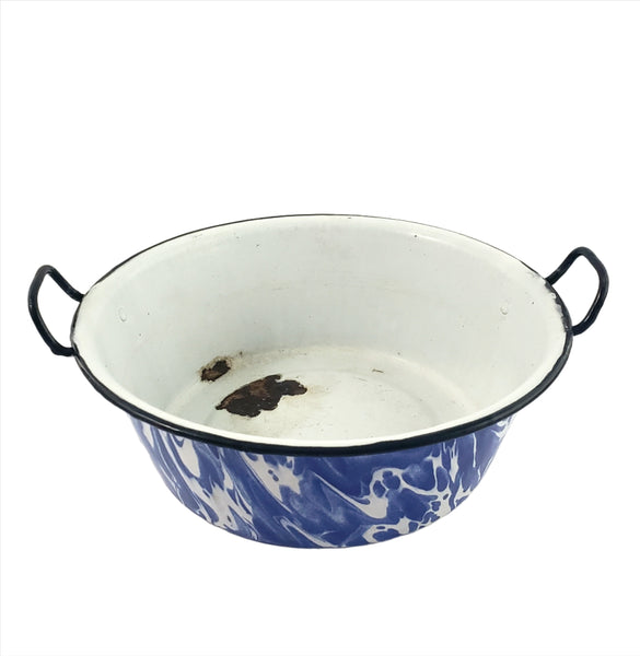 Antique Blue and White Swirl Enamelware Double Handled Sauce Pot