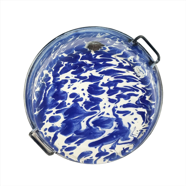 Antique Blue and White Swirl Enamelware Double Handled Sauce Pot