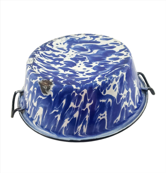 Antique Blue and White Swirl Enamelware Double Handled Sauce Pot
