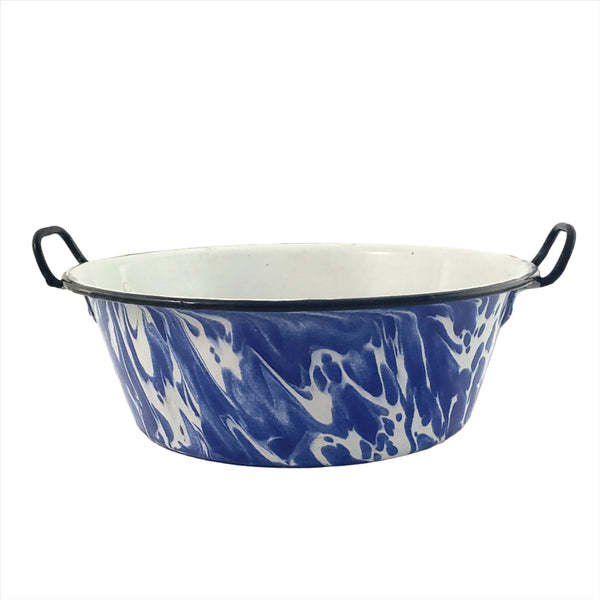Antique Blue and White Swirl Enamelware Double Handled Sauce Pot