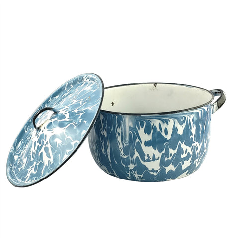Antique Blue and White Swirl Enamelware Sauce Pot with Lid 2 Quart