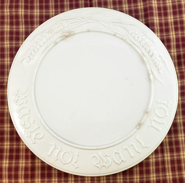 Antique English White Round Bread Board Motto "Waste Not Want Not" Copeland