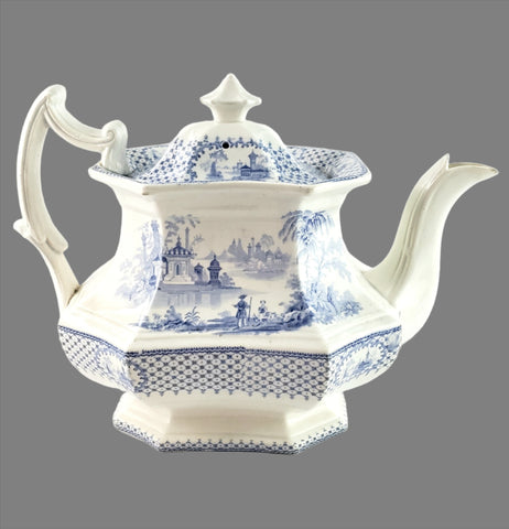Antique Blue Transfer Ware Teapot with English Scene 8 Cups