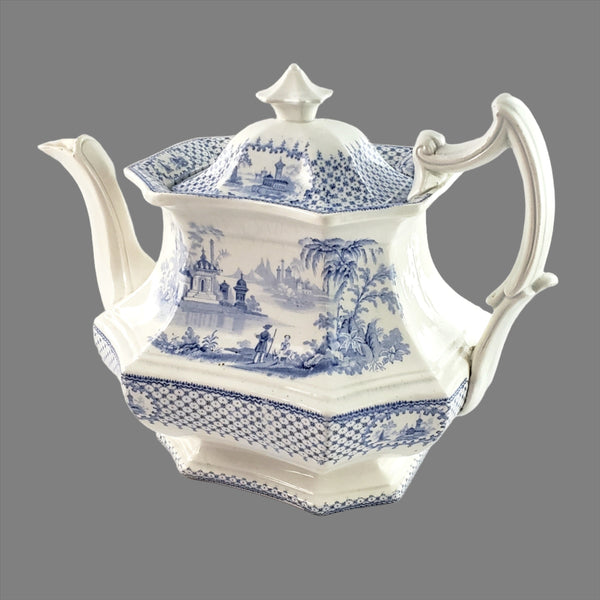 Antique Blue Transfer Ware Teapot with English Scene 8 Cups