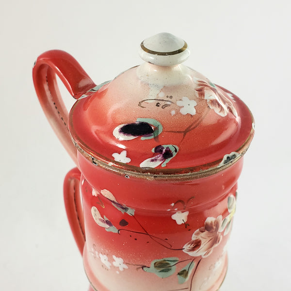 Antique  Hand Painted Enamel Biggin Drip Coffee Pot Orange-Red with Pansies 9 1/2"