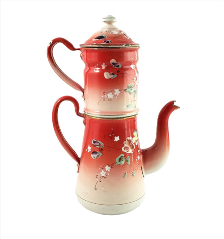 Antique  Hand Painted Enamel Biggin Drip Coffee Pot Orange-Red with Pansies 9 1/2"