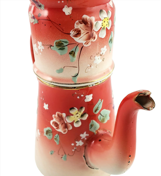 Antique  Hand Painted Enamel Biggin Drip Coffee Pot Orange-Red with Pansies 9 1/2"