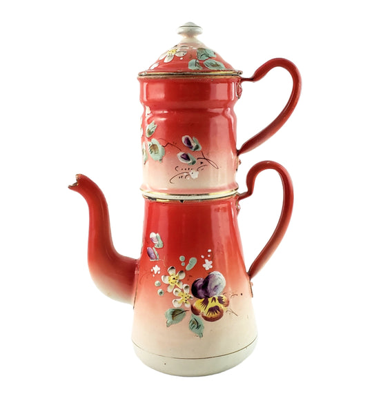 Antique  Hand Painted Enamel Biggin Drip Coffee Pot Orange-Red with Pansies 9 1/2"