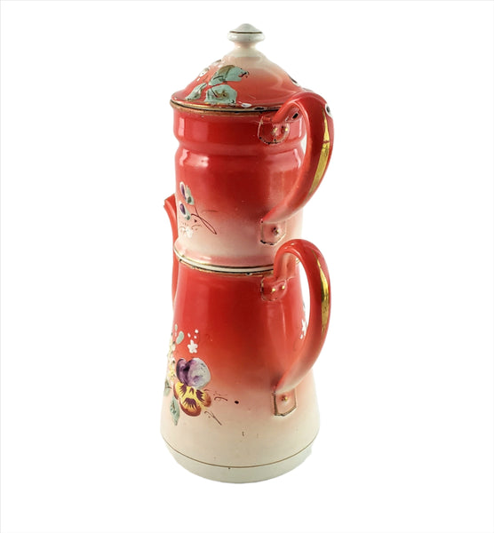 Antique  Hand Painted Enamel Biggin Drip Coffee Pot Orange-Red with Pansies 9 1/2"