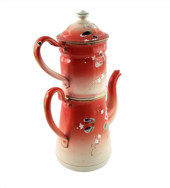 Antique  Hand Painted Enamel Biggin Drip Coffee Pot Orange-Red with Pansies 9 1/2"