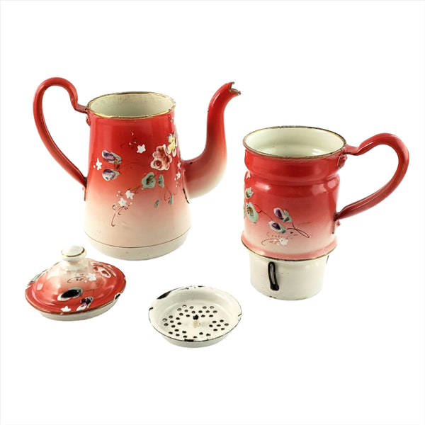 Antique  Hand Painted Enamel Biggin Drip Coffee Pot Orange-Red with Pansies 9 1/2"