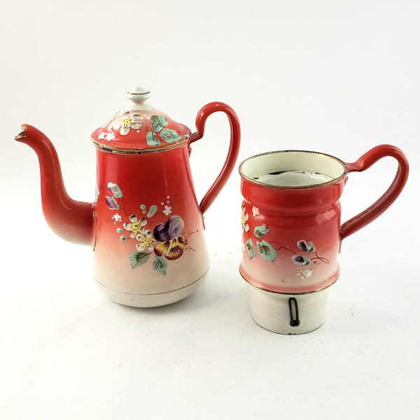 Antique  Hand Painted Enamel Biggin Drip Coffee Pot Orange-Red with Pansies 9 1/2"