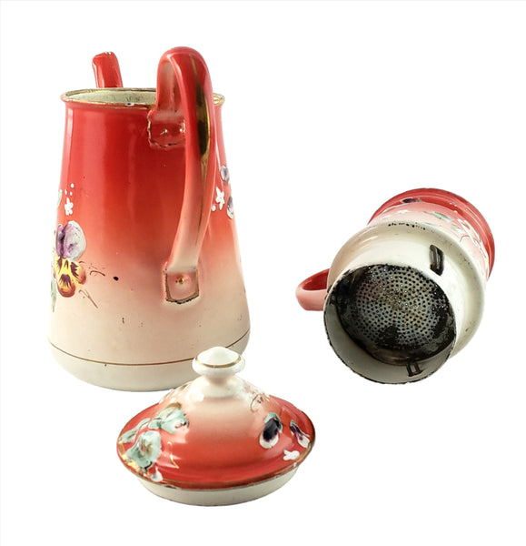 Antique  Hand Painted Enamel Biggin Drip Coffee Pot Orange-Red with Pansies 9 1/2"