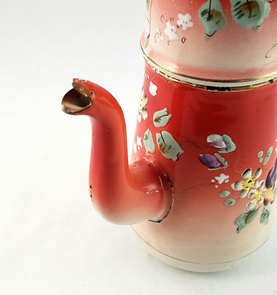 Antique  Hand Painted Enamel Biggin Drip Coffee Pot Orange-Red with Pansies 9 1/2"