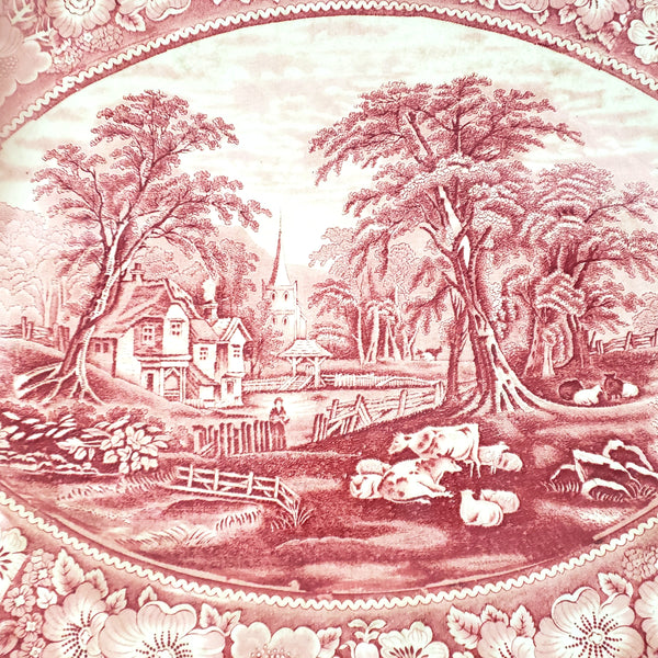 Large English Red Transferware Oval Platter 20" Rural England WR MIDWINTER LTD