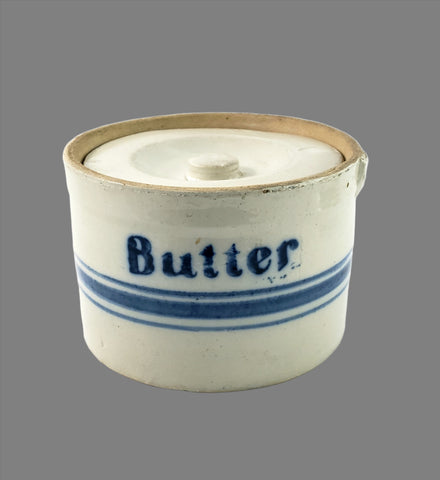 Antique Blue Decorated Stoneware Butter Crock with Lid Missing Handle