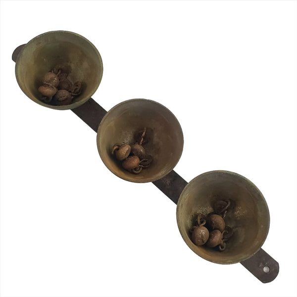 Vintage Brass Carriage Sleigh Bells Triple Clapper on Metal Strap