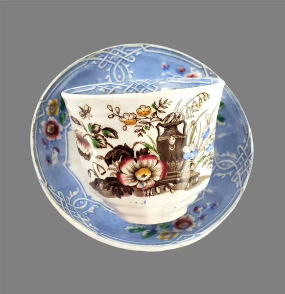 Antique English Ironstone Handleless Cup & Saucer "Indian" Pattern Livesley, Powell & Co.