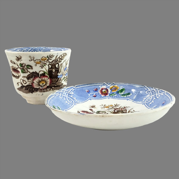 Antique English Ironstone Handleless Cup & Saucer "Indian" Pattern Livesley, Powell & Co.