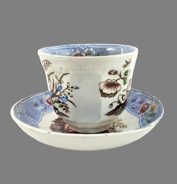 Antique English Ironstone Handleless Cup & Saucer "Indian" Pattern Livesley, Powell & Co.