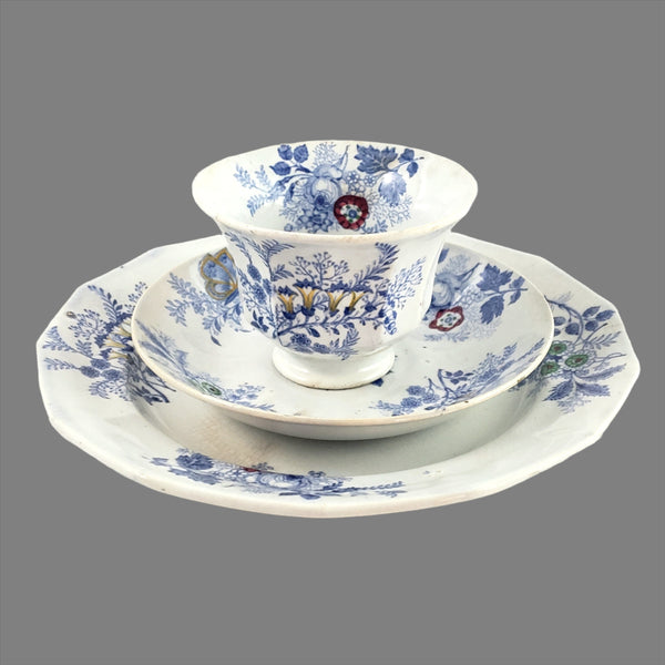 Antique English Transferware Princess Feather 3 Pc Cup, Saucer & Plate E. Challinor