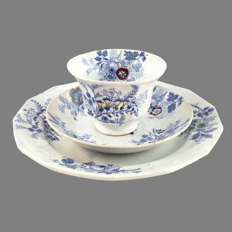 Antique English Transferware Princess Feather 3 Pc Cup, Saucer & Plate E. Challinor