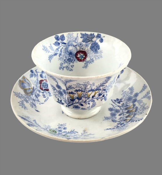 Antique English Transfer Princess Feather 3 Pc Handleless Cup, Saucer & Plate E. Challinor