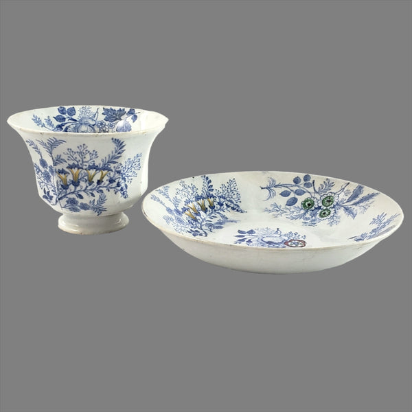 Antique English Transfer Princess Feather 3 Pc Handleless Cup, Saucer & Plate E. Challinor