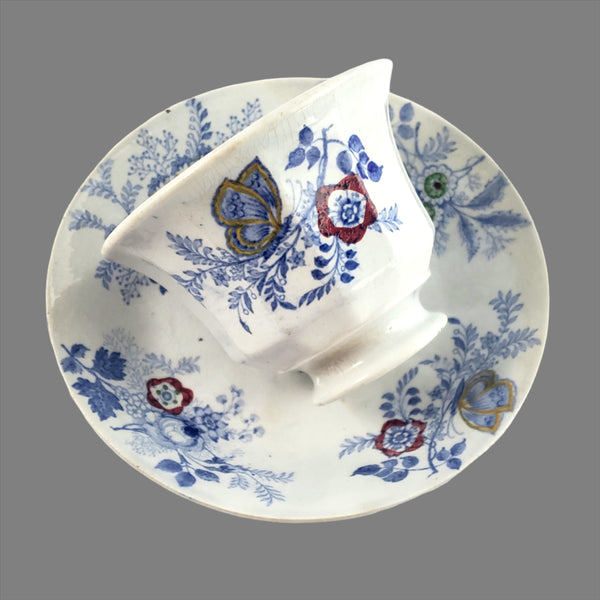 Antique English Transfer Princess Feather 3 Pc Handleless Cup, Saucer & Plate E. Challinor