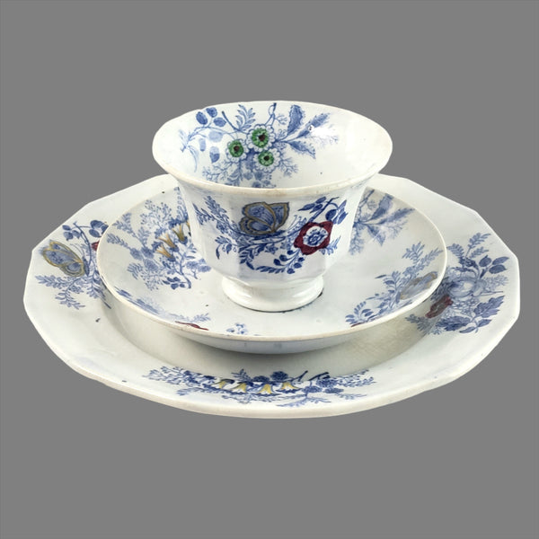 Antique English Transfer Princess Feather 3 Pc Handleless Cup, Saucer & Plate E. Challinor