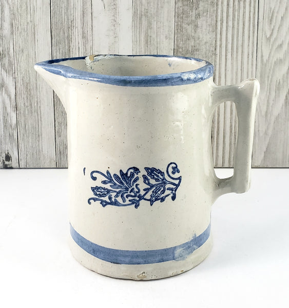 Old Farmhouse Stoneware Milk Pitcher Blue Stencil & Trim 6 Cups