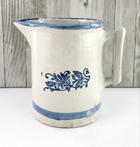 Old Farmhouse Stoneware Milk Pitcher Blue Stencil & Trim 6 Cups