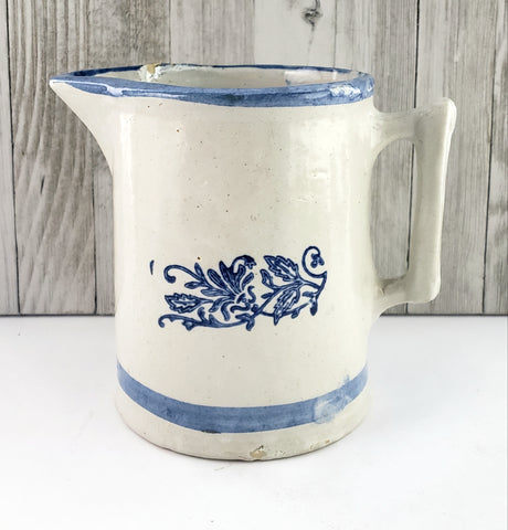 Old Farmhouse Stoneware Milk Pitcher Blue Stencil & Trim 6 Cups