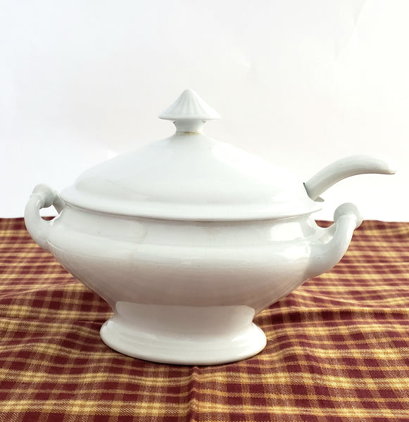 19th Century White Ironstone Gravy Sauce Tureen Ladle & Lid Henry Alcock Repair
