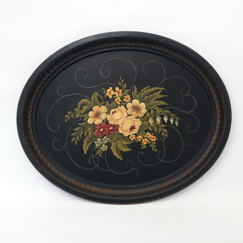Large Vintage 26" Hand Painted Toleware Tray Floral Signed Marjorie Smith 1939