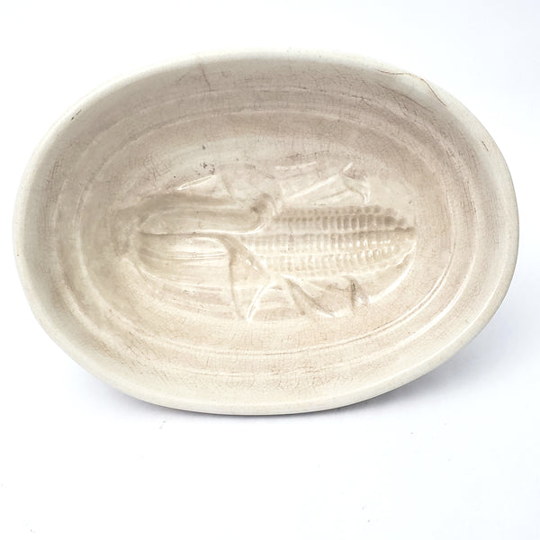 Antique White Stoneware Pudding Jelly Mold Corn Cob Imprint Primitive Farmhouse Kitchen Décor