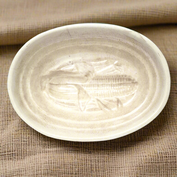 Antique White Stoneware Pudding Jelly Mold Corn Cob Imprint Primitive Farmhouse Kitchen Décor