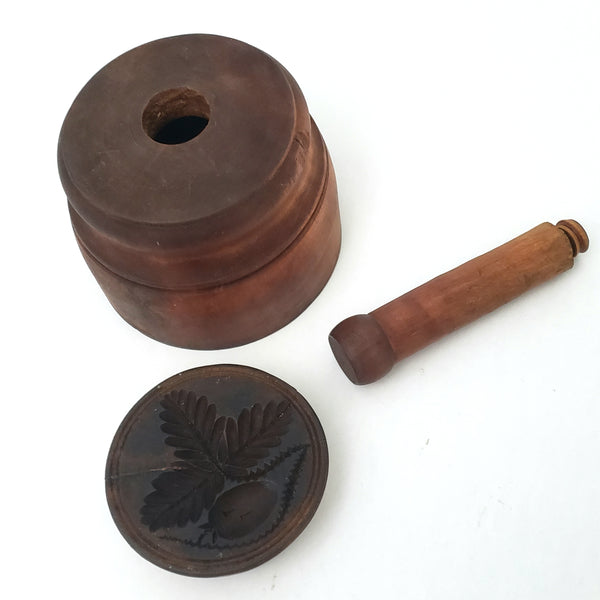 Antique Wooden Butter Mold Press Leaf and Acorn Plunger Style