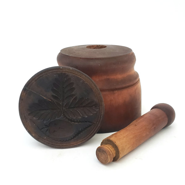 Antique Wooden Butter Mold Press Leaf and Acorn Plunger Style