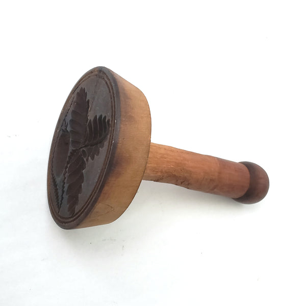 Antique Wooden Butter Mold Press Leaf and Acorn Plunger Style