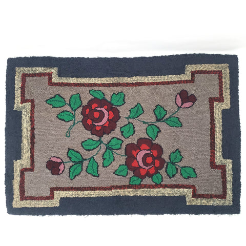 Vintage Rectangular Hand Hooked Rug Red Flowers Blue Trim 36" x 24"