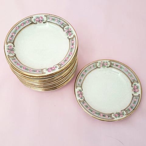 Antique Round Porcelain Butter Pats Small Dishes Set of 11 Pink Roses Gold Trim