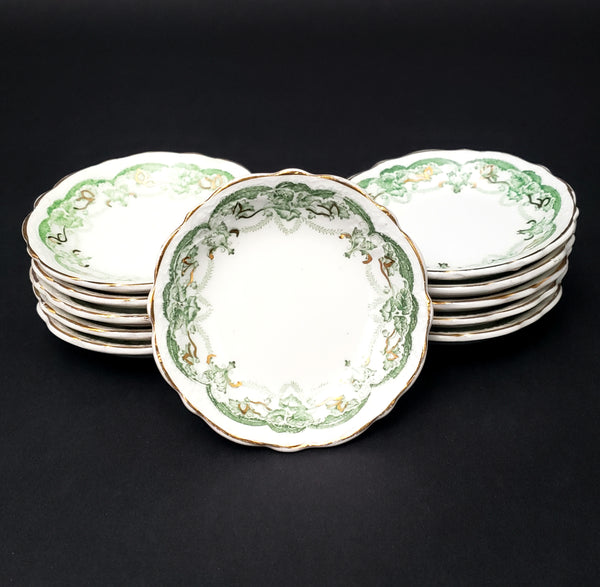 Antique Porcelain Butter Pats Dishes Set of 11 Green on White Gold Trim 2 7/8"