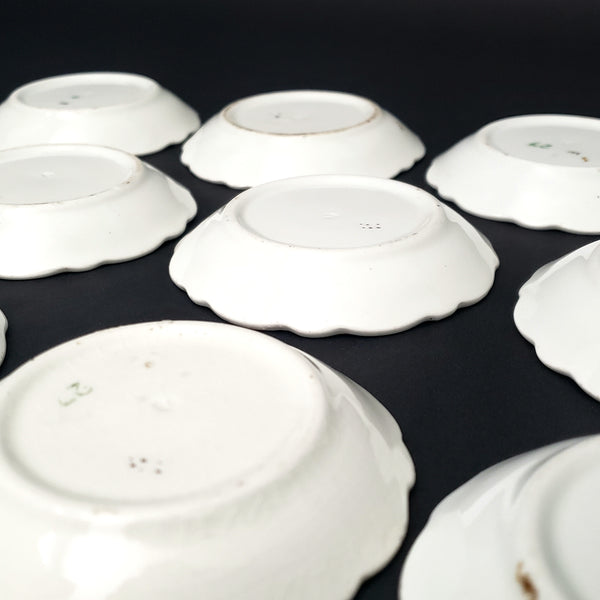 Antique Porcelain Butter Pats Dishes Set of 11 Green on White Gold Trim 2 7/8"