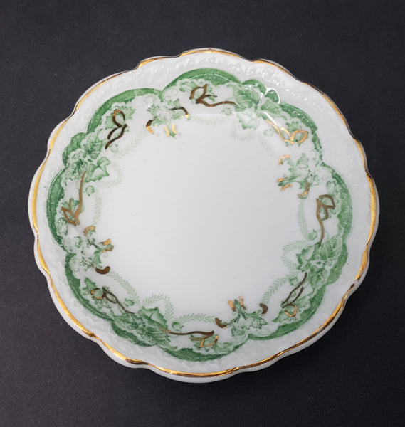 Antique Porcelain Butter Pats Dishes Set of 11 Green on White Gold Trim 2 7/8"