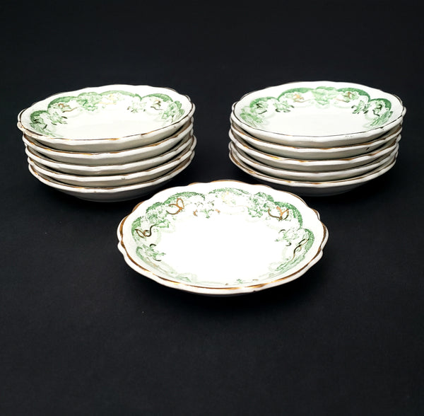 Antique Porcelain Butter Pats Dishes Set of 11 Green on White Gold Trim 2 7/8"