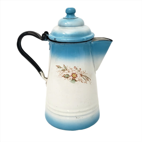 Antique Enameled Coffee Pot Blue & White Blend Flowers Riveted Handle by Stewart