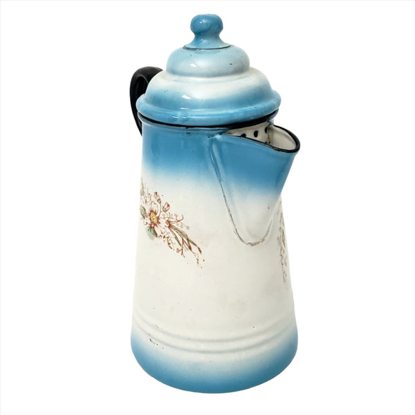 Antique Enameled Coffee Pot Blue & White Blend Flowers Riveted Handle by Stewart