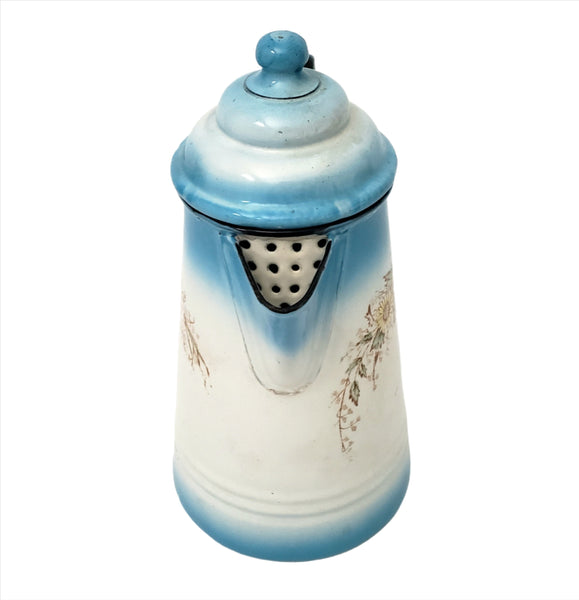 Antique Enameled Coffee Pot Blue & White Blend Flowers Riveted Handle by Stewart