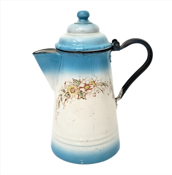 Antique Enameled Coffee Pot Blue & White Blend Flowers Riveted Handle by Stewart